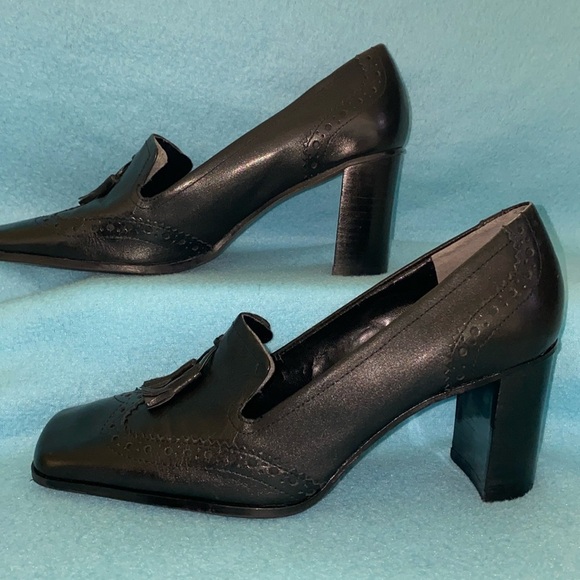 NINE & COMPANY leather wingtip slip on tassel chunky stacked heel black size 9M - Picture 1 of 12